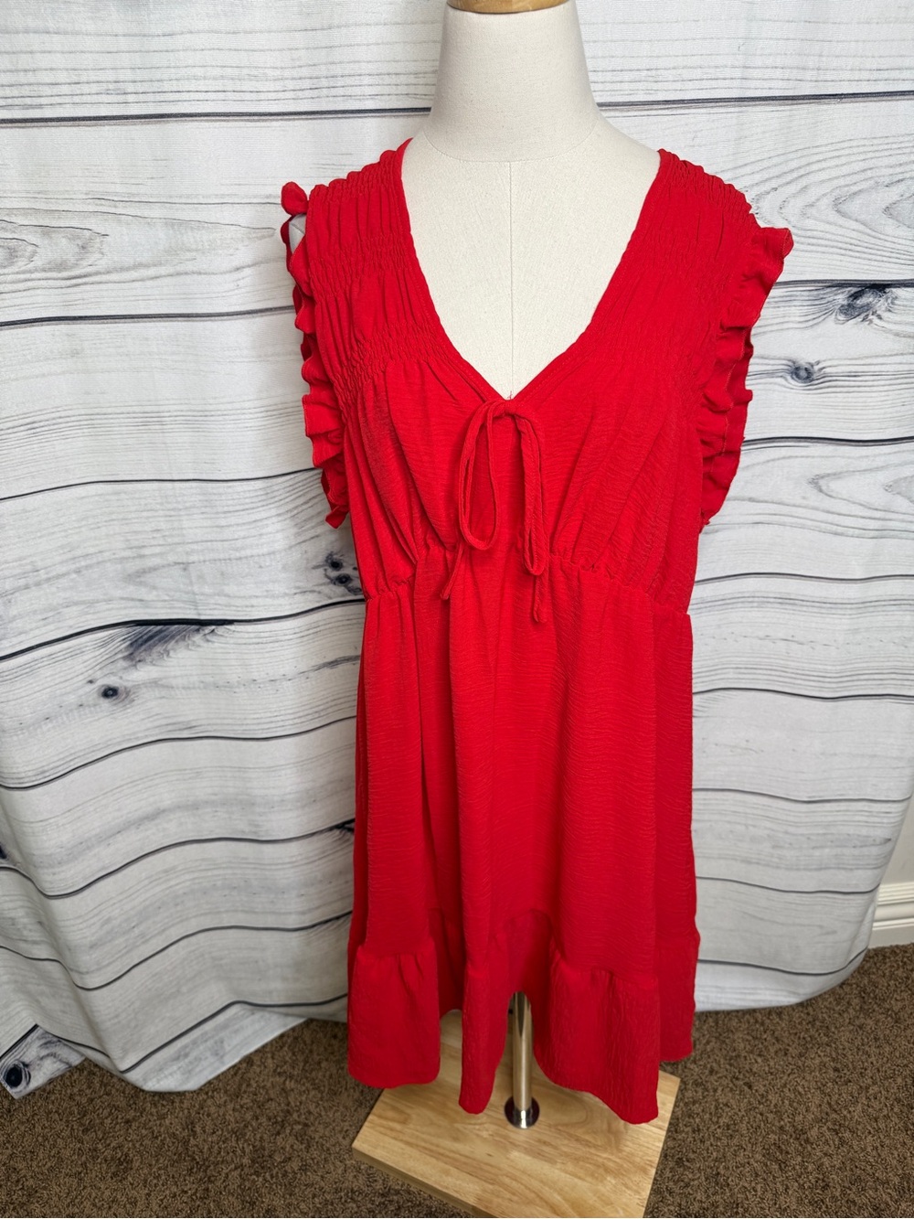 SHEIN Red Ruffle Sleeve Tie-Front Dress